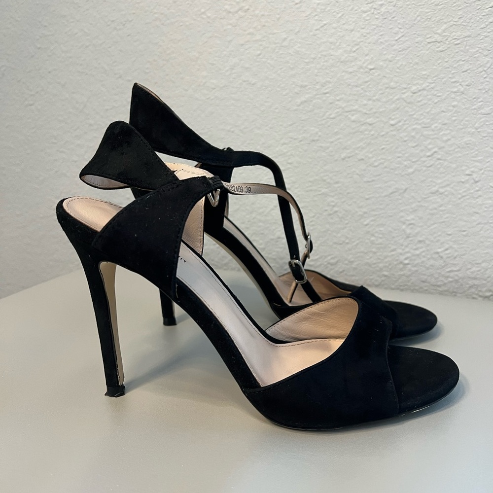 🖤 Pierre Cardin Paris Women Sandals Faux Suede Black Striped Heels Size 39 EU